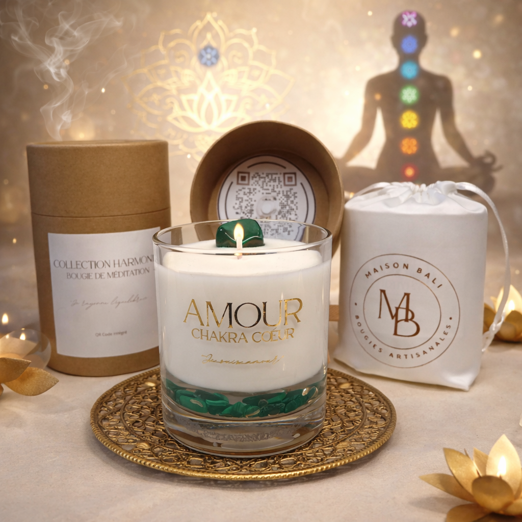 Bougie Chakra Cœur - Amour - Malachite & Méditation audio - Maison Bali
