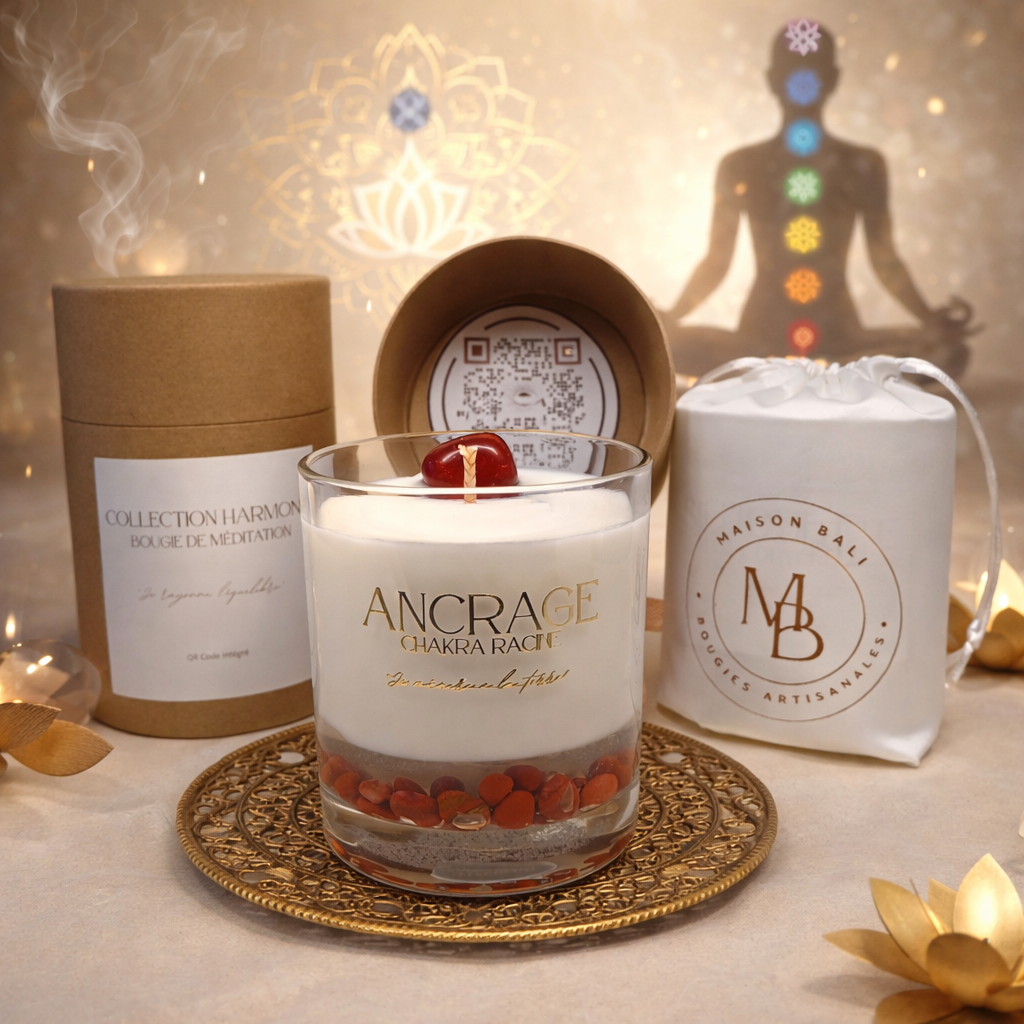 Bougie Chakra Racine - Ancrage - Jaspe Rouge & Méditation audio - Maison Bali
