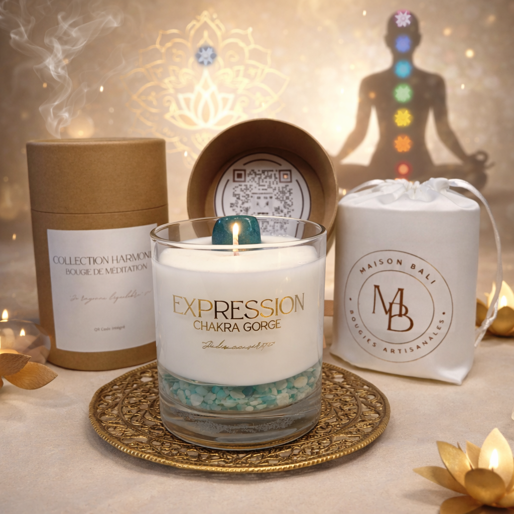 Bougie Chakra Gorge - Expression - Amazonite & Méditation audio - Maison Bali