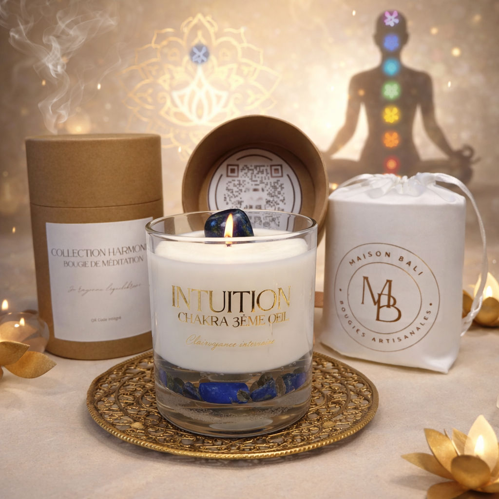 Bougie Chakra Troisième œil - Intuition - Lapis Lazuli & Méditation audio - Maison Bali