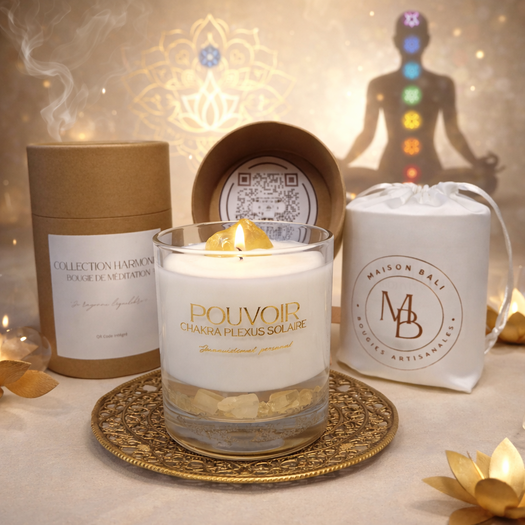 Bougie Chakra Plexus Solaire - Pouvoir - Citrine & Méditation audio- Maison Bali